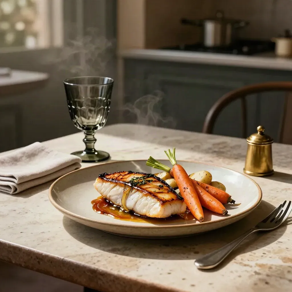 Geroosterde vis met venkel en groenten op een terras tafel naast een donker glas