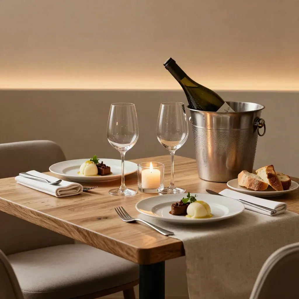 Tweepersoonstafel met wijnkoeler, kaars en twee gerechten in warm restaurantlicht