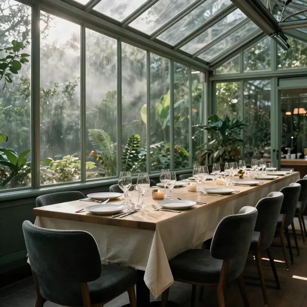 Serre-dineropstelling met lange tafel, glasdak en groen eromheen, klaar voor service.