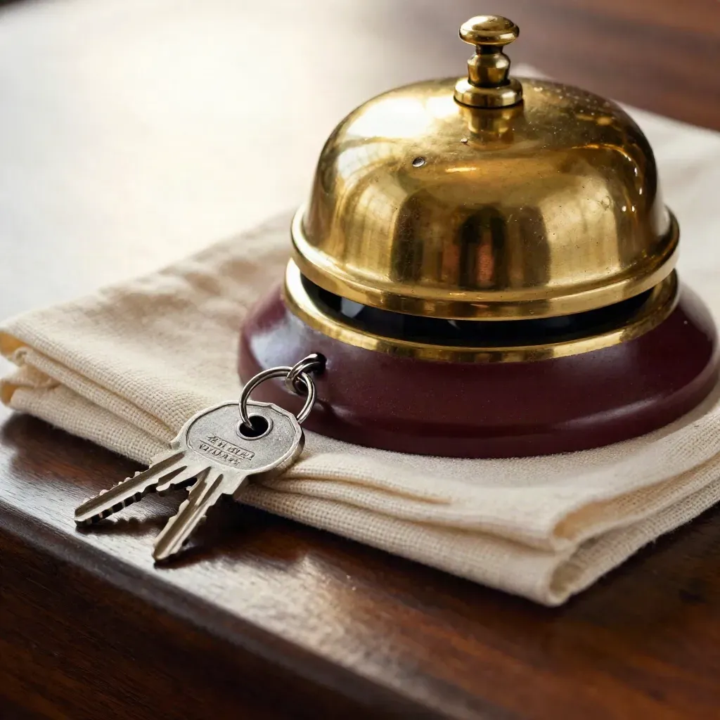 Brass hoststation met bel, sleutelhanger, reservetokens en linnennapkin op donker hout.