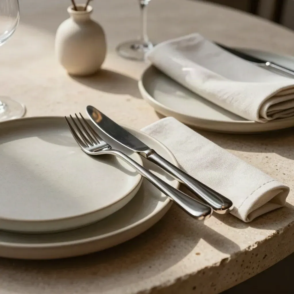 Gestyleerde restauranttafel met gestapelde borden, bestek, servetvouw en klein vaasje.