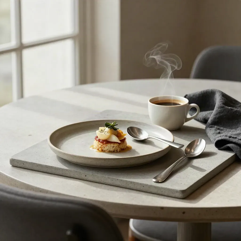 Stil restauranttafereel met bord, dessertlepel, koffiekop en gevouwen linnen op een stenen tray.